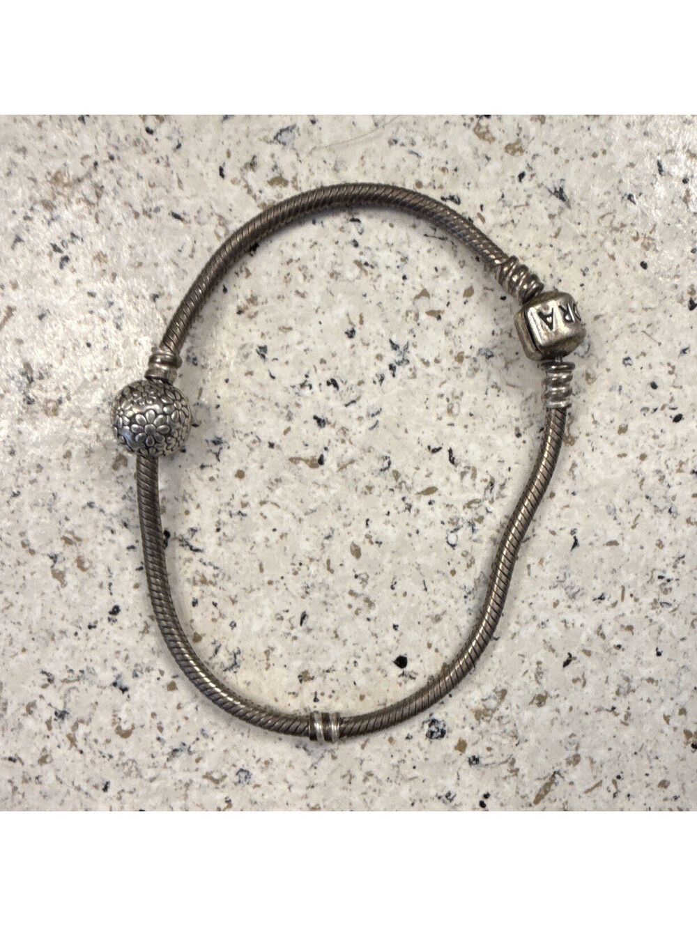 PANDORA Silver Snake Chain Charm Bracelet w/ Round Floral Bead, Barrel, Signed